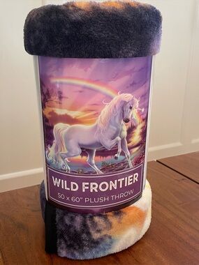 Wild Frontier Wilderness Unicorn Plush Throw Blanket 50x60 Soft Fantasy Rainbow